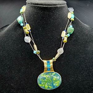 Beautiful Gold Tone Blue Green Swirl Enamel Pendant Multi Strand Beaded Wire